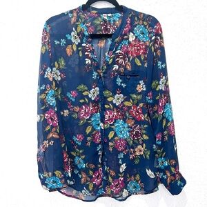 Kut from the Kloth Pink and Green Relaxed Blouse with Mandarin Collar L